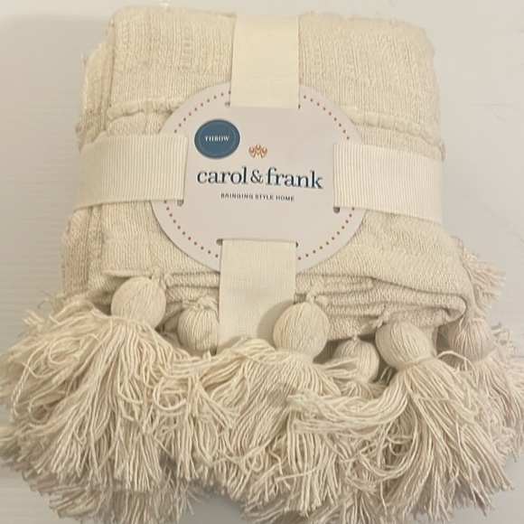 carol & frank Barton White Throw Blanket Striped Color Blocked White w Tassels - Picture 3 of 5